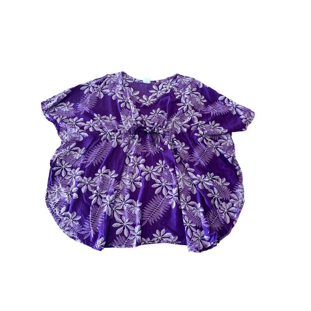 Hula Bay Purple Tropical Floral Kaftan Top Swim Coverup Batwing adjustable waist